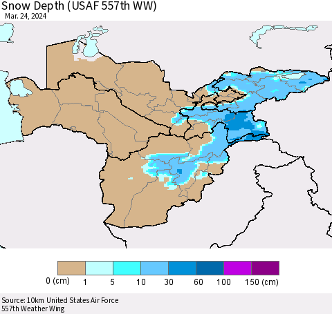 Central Asia Snow Depth (USAF 557th WW) Thematic Map For 3/18/2024 - 3/24/2024