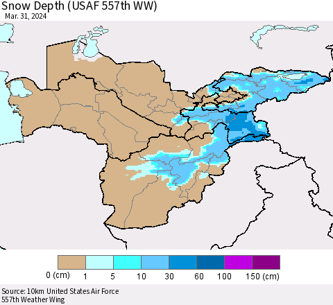 Central Asia Snow Depth (USAF 557th WW) Thematic Map For 3/25/2024 - 3/31/2024