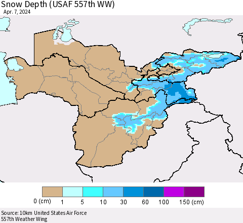 Central Asia Snow Depth (USAF 557th WW) Thematic Map For 4/1/2024 - 4/7/2024