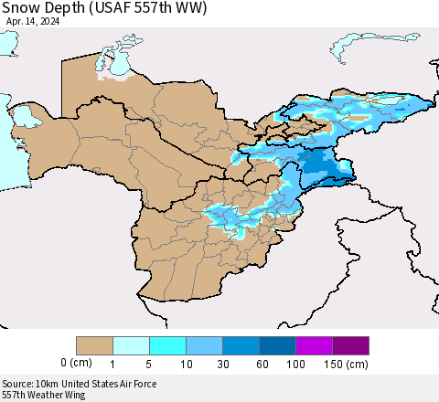 Central Asia Snow Depth (USAF 557th WW) Thematic Map For 4/8/2024 - 4/14/2024