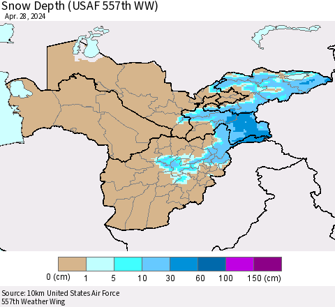Central Asia Snow Depth (USAF 557th WW) Thematic Map For 4/22/2024 - 4/28/2024