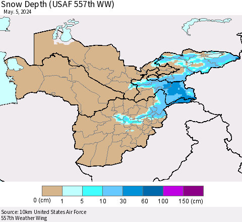 Central Asia Snow Depth (USAF 557th WW) Thematic Map For 4/29/2024 - 5/5/2024