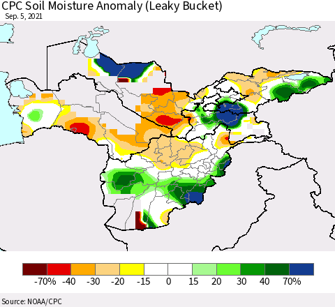 Central Asia CPC Soil Moisture Anomaly (Leaky Bucket) Thematic Map For 9/1/2021 - 9/5/2021