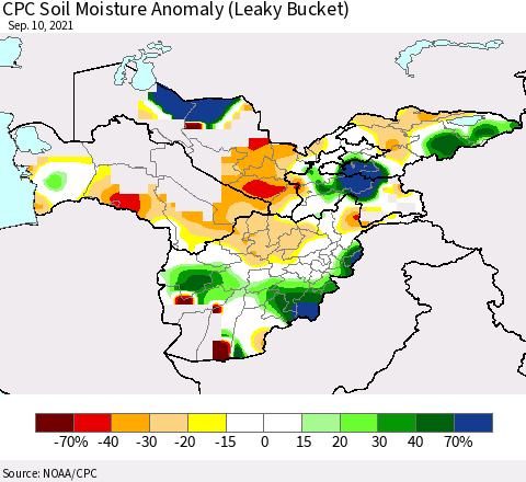 Central Asia CPC Soil Moisture Anomaly (Leaky Bucket) Thematic Map For 9/6/2021 - 9/10/2021