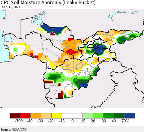 Central Asia CPC Soil Moisture Anomaly (Leaky Bucket) Thematic Map For 9/11/2021 - 9/15/2021