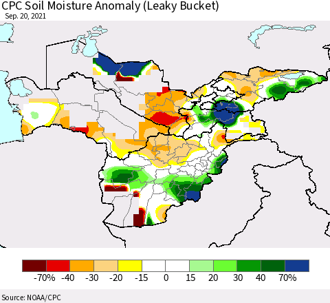 Central Asia CPC Soil Moisture Anomaly (Leaky Bucket) Thematic Map For 9/16/2021 - 9/20/2021
