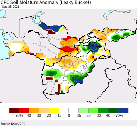 Central Asia CPC Soil Moisture Anomaly (Leaky Bucket) Thematic Map For 9/21/2021 - 9/25/2021