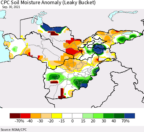 Central Asia CPC Soil Moisture Anomaly (Leaky Bucket) Thematic Map For 9/26/2021 - 9/30/2021