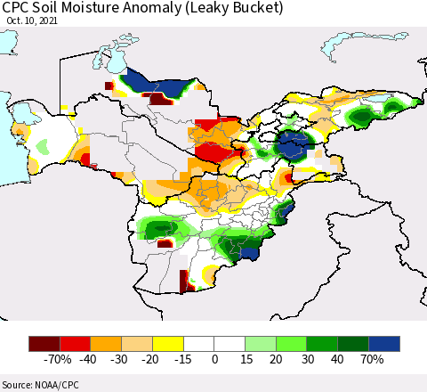Central Asia CPC Soil Moisture Anomaly (Leaky Bucket) Thematic Map For 10/6/2021 - 10/10/2021