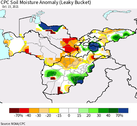 Central Asia CPC Soil Moisture Anomaly (Leaky Bucket) Thematic Map For 10/11/2021 - 10/15/2021