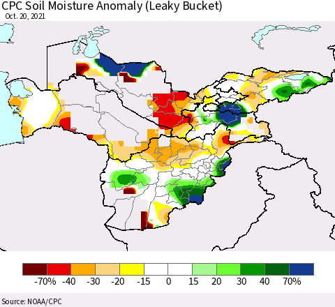 Central Asia CPC Soil Moisture Anomaly (Leaky Bucket) Thematic Map For 10/16/2021 - 10/20/2021