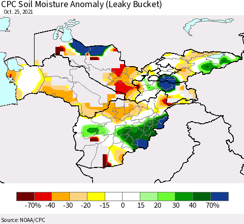 Central Asia CPC Soil Moisture Anomaly (Leaky Bucket) Thematic Map For 10/21/2021 - 10/25/2021