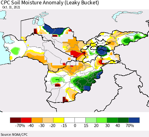 Central Asia CPC Soil Moisture Anomaly (Leaky Bucket) Thematic Map For 10/26/2021 - 10/31/2021