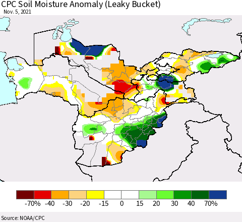 Central Asia CPC Soil Moisture Anomaly (Leaky Bucket) Thematic Map For 11/1/2021 - 11/5/2021