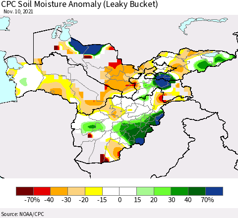 Central Asia CPC Soil Moisture Anomaly (Leaky Bucket) Thematic Map For 11/6/2021 - 11/10/2021