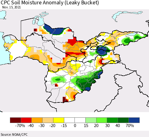 Central Asia CPC Soil Moisture Anomaly (Leaky Bucket) Thematic Map For 11/11/2021 - 11/15/2021