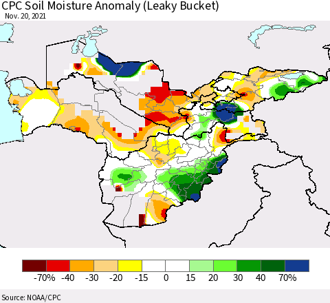 Central Asia CPC Soil Moisture Anomaly (Leaky Bucket) Thematic Map For 11/16/2021 - 11/20/2021