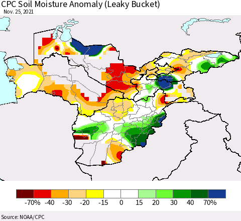 Central Asia CPC Soil Moisture Anomaly (Leaky Bucket) Thematic Map For 11/21/2021 - 11/25/2021