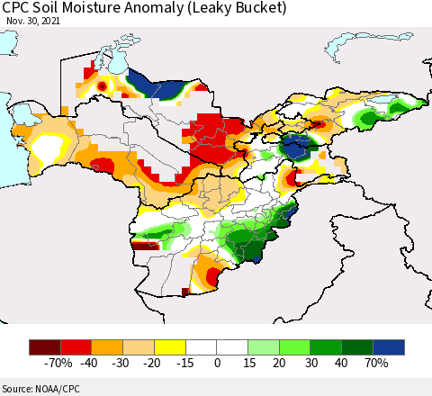 Central Asia CPC Soil Moisture Anomaly (Leaky Bucket) Thematic Map For 11/26/2021 - 11/30/2021