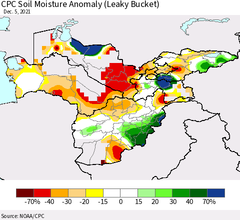 Central Asia CPC Soil Moisture Anomaly (Leaky Bucket) Thematic Map For 12/1/2021 - 12/5/2021