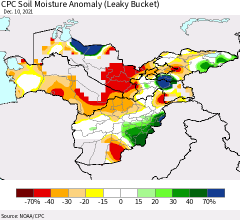 Central Asia CPC Soil Moisture Anomaly (Leaky Bucket) Thematic Map For 12/6/2021 - 12/10/2021