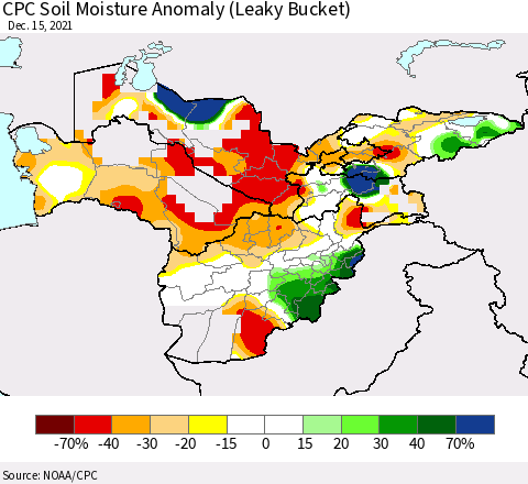 Central Asia CPC Soil Moisture Anomaly (Leaky Bucket) Thematic Map For 12/11/2021 - 12/15/2021