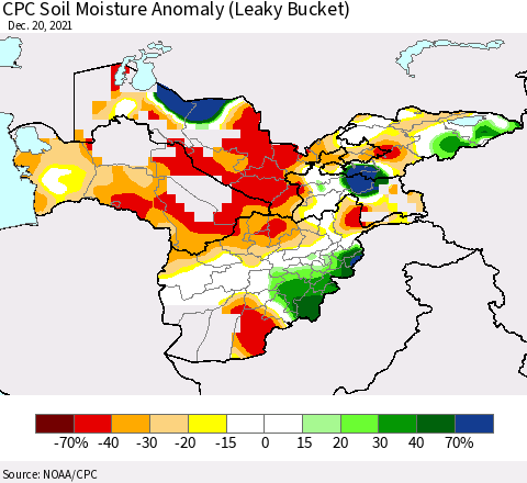 Central Asia CPC Soil Moisture Anomaly (Leaky Bucket) Thematic Map For 12/16/2021 - 12/20/2021