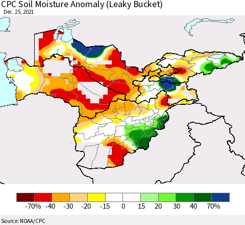 Central Asia CPC Soil Moisture Anomaly (Leaky Bucket) Thematic Map For 12/21/2021 - 12/25/2021