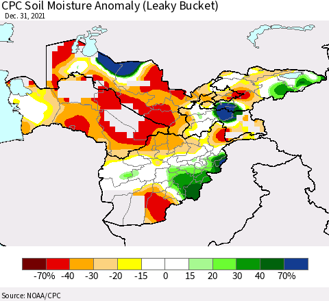 Central Asia CPC Soil Moisture Anomaly (Leaky Bucket) Thematic Map For 12/26/2021 - 12/31/2021