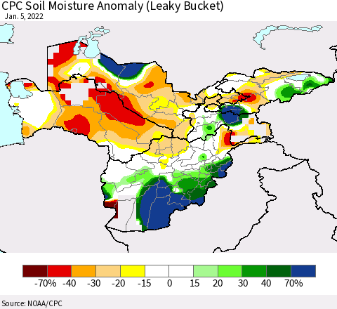 Central Asia CPC Soil Moisture Anomaly (Leaky Bucket) Thematic Map For 1/1/2022 - 1/5/2022