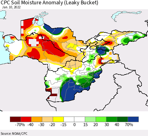 Central Asia CPC Soil Moisture Anomaly (Leaky Bucket) Thematic Map For 1/6/2022 - 1/10/2022