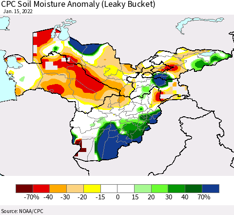 Central Asia CPC Soil Moisture Anomaly (Leaky Bucket) Thematic Map For 1/11/2022 - 1/15/2022