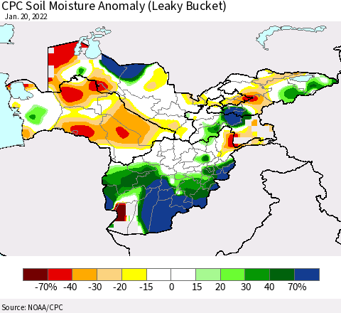 Central Asia CPC Soil Moisture Anomaly (Leaky Bucket) Thematic Map For 1/16/2022 - 1/20/2022