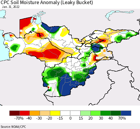 Central Asia CPC Soil Moisture Anomaly (Leaky Bucket) Thematic Map For 1/26/2022 - 1/31/2022