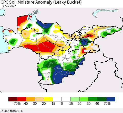 Central Asia CPC Soil Moisture Anomaly (Leaky Bucket) Thematic Map For 2/1/2022 - 2/5/2022