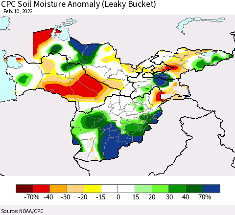Central Asia CPC Soil Moisture Anomaly (Leaky Bucket) Thematic Map For 2/6/2022 - 2/10/2022