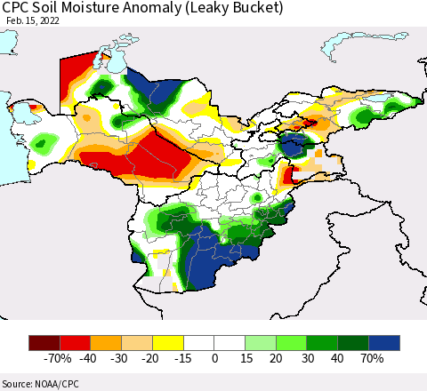 Central Asia CPC Soil Moisture Anomaly (Leaky Bucket) Thematic Map For 2/11/2022 - 2/15/2022