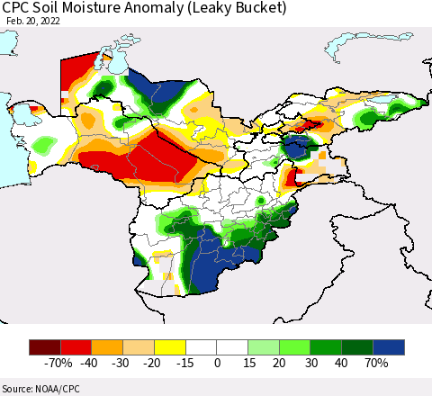 Central Asia CPC Soil Moisture Anomaly (Leaky Bucket) Thematic Map For 2/16/2022 - 2/20/2022