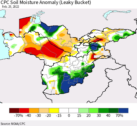 Central Asia CPC Soil Moisture Anomaly (Leaky Bucket) Thematic Map For 2/21/2022 - 2/25/2022