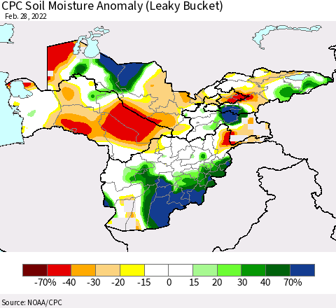 Central Asia CPC Soil Moisture Anomaly (Leaky Bucket) Thematic Map For 2/26/2022 - 2/28/2022