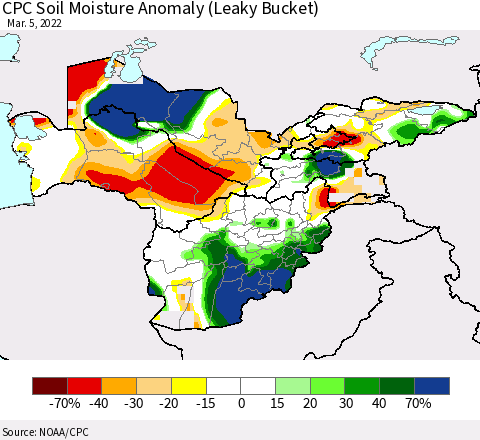 Central Asia CPC Soil Moisture Anomaly (Leaky Bucket) Thematic Map For 3/1/2022 - 3/5/2022