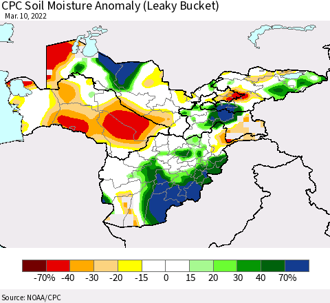 Central Asia CPC Soil Moisture Anomaly (Leaky Bucket) Thematic Map For 3/6/2022 - 3/10/2022