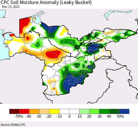 Central Asia CPC Soil Moisture Anomaly (Leaky Bucket) Thematic Map For 3/11/2022 - 3/15/2022