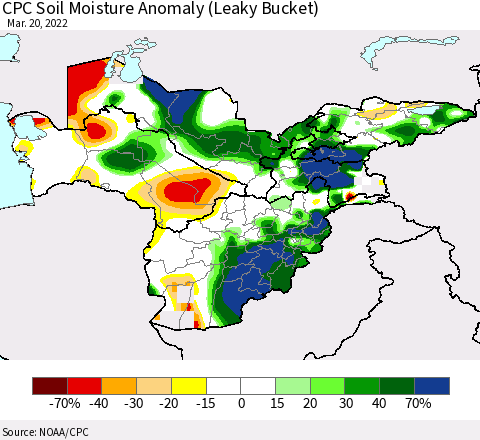 Central Asia CPC Soil Moisture Anomaly (Leaky Bucket) Thematic Map For 3/16/2022 - 3/20/2022