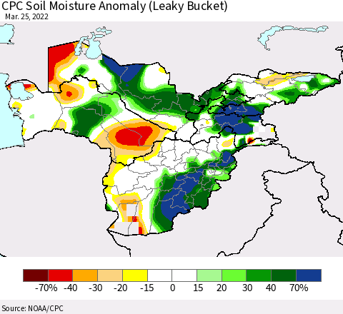 Central Asia CPC Soil Moisture Anomaly (Leaky Bucket) Thematic Map For 3/21/2022 - 3/25/2022