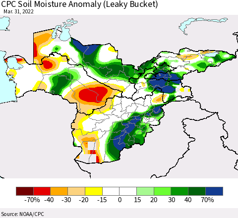 Central Asia CPC Soil Moisture Anomaly (Leaky Bucket) Thematic Map For 3/26/2022 - 3/31/2022