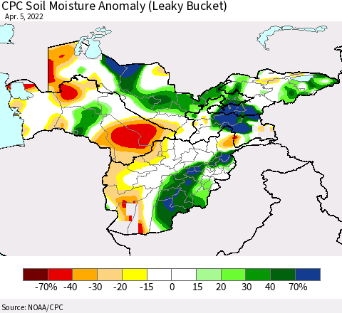 Central Asia CPC Soil Moisture Anomaly (Leaky Bucket) Thematic Map For 4/1/2022 - 4/5/2022