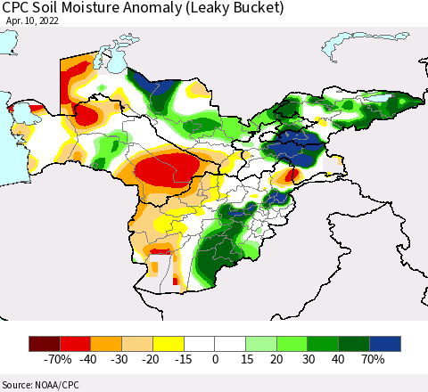 Central Asia CPC Soil Moisture Anomaly (Leaky Bucket) Thematic Map For 4/6/2022 - 4/10/2022