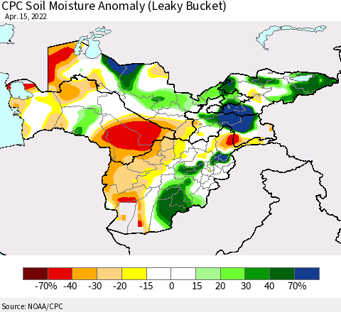 Central Asia CPC Soil Moisture Anomaly (Leaky Bucket) Thematic Map For 4/11/2022 - 4/15/2022