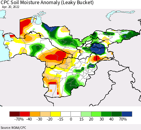 Central Asia CPC Soil Moisture Anomaly (Leaky Bucket) Thematic Map For 4/16/2022 - 4/20/2022